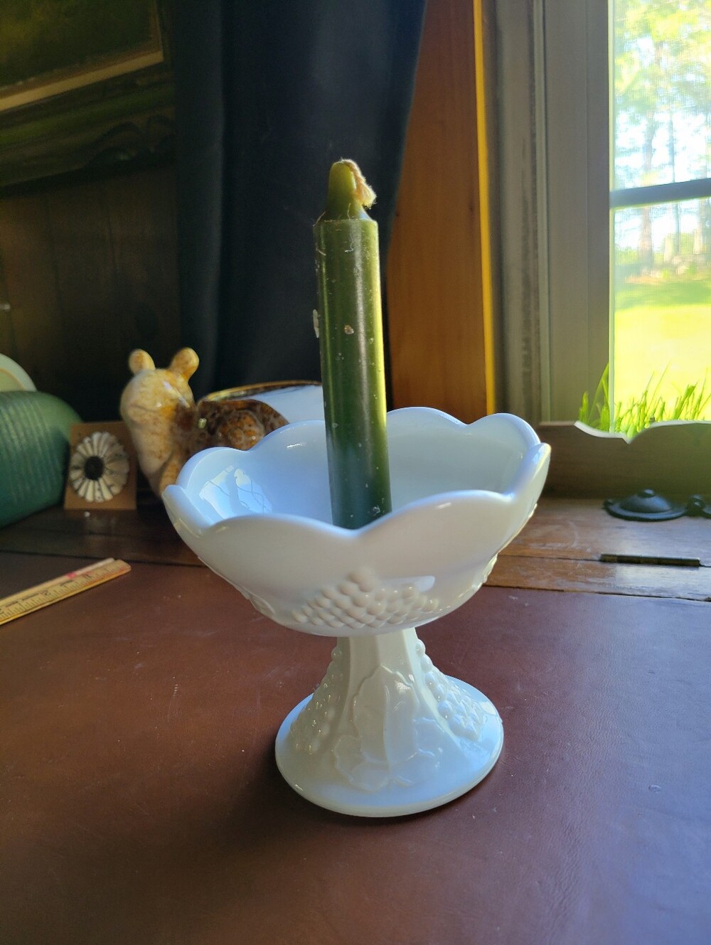 vintage Indiana Glass Co. white milk glass pedestal candlestick holder Grapes